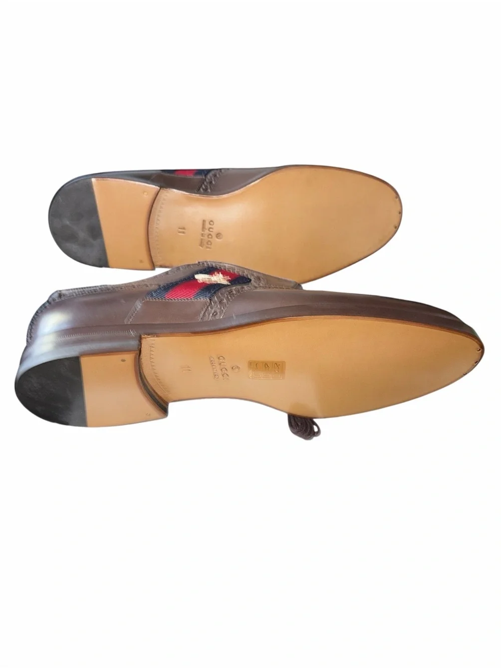 Gucci Dark Brown Leather Wingtip Slip-On Loafers with Red & Blue Web size 11
